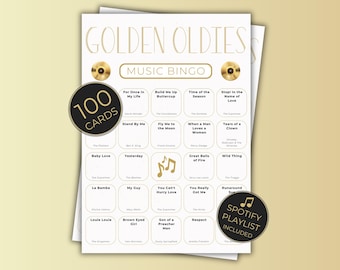 Bingo musical de los años 60 y 50, 100 tarjetas imprimibles para divertirse en familia, descarga instantánea, entretenimiento retro para fiestas.