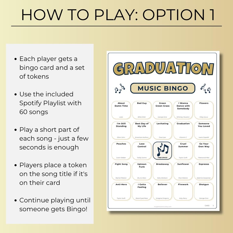 Graduation Music Bingo, 100 Unique Cards with Spotify Playlist, Printable Party Game and Music Night Activity, Celebration