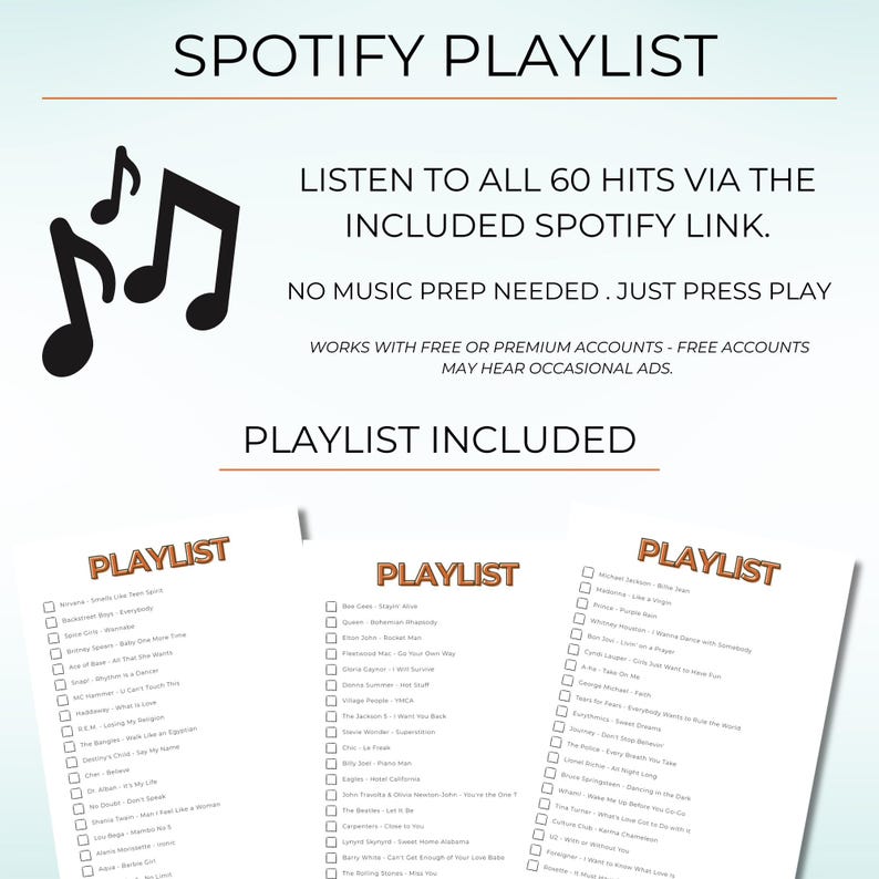 70s 80s 90s Music Bingo, Decades Bingo, Printable Game with 100 Cards, Spotify Playlist,  Family Reunion or Office Party