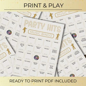 Print and play Party Hits Music Bingo printable, stack of bingo cards ready to print for parties and group games.