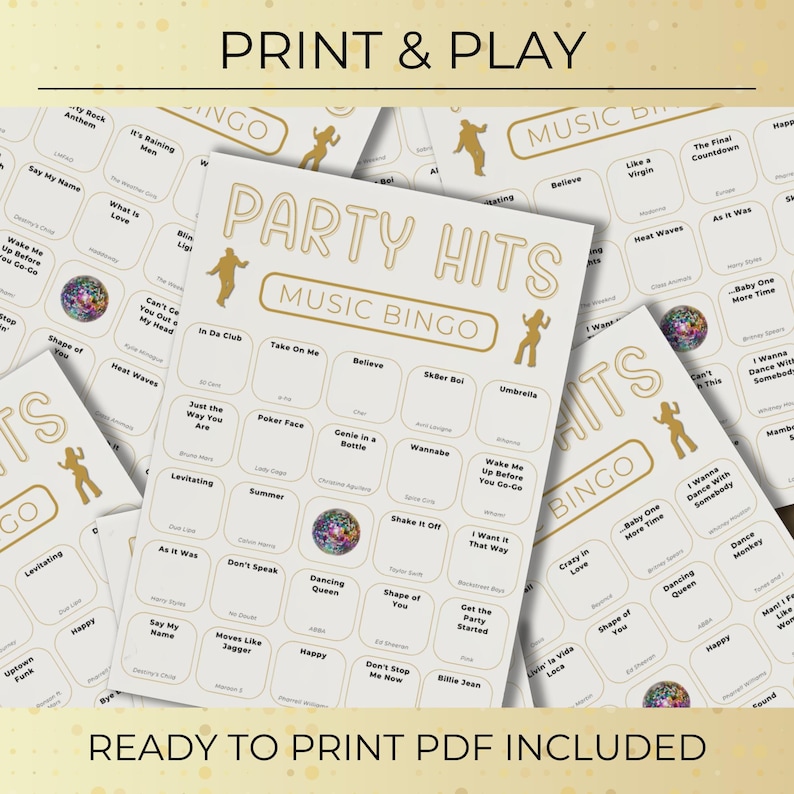 Print and play Party Hits Music Bingo printable, stack of bingo cards ready to print for parties and group games.