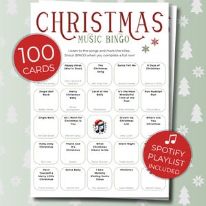 Könnte beinhalten: Weihnachts-Musik-Bingo-Spiel mit 100 Karten, mit Songtiteln und Künstlern. Enthält eine Spotify-Playlist. Das Design ist festlich mit roten und grünen Akzenten.