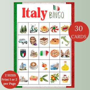 Jogo de Bingo para Imprimir da Itália – 30 Cartões de Bingo Exclusivos, Jogo Divertido para a Família, Jogo de Festa da Itália, Bingo de Viagem, Bingo de Viagem, Tema Italiano