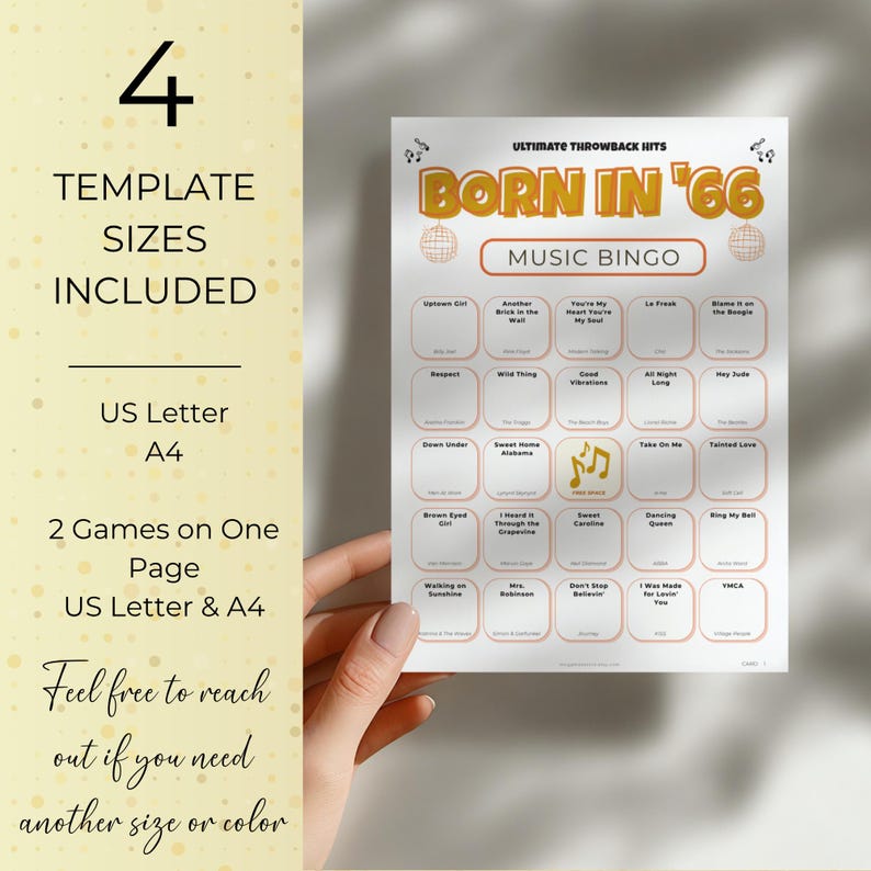 Born in 1966 Music Bingo, 60th Birthday Party Idea Game, Printable Retro Music Bingo, Spotify Playlist, Instant Download
