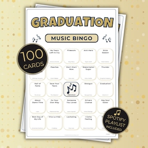 Graduation Music Bingo, 100 Unique Cards with Spotify Playlist, Printable Party Game and Music Night Activity, Celebration