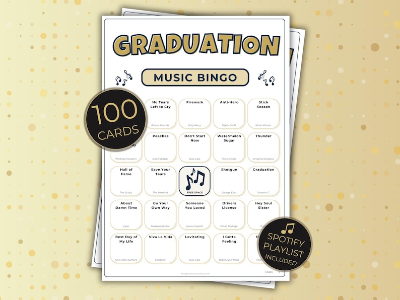 Graduation Music Bingo, 100 Unique Cards with Spotify Playlist, Printable Party Game and Music Night Activity, Celebration
