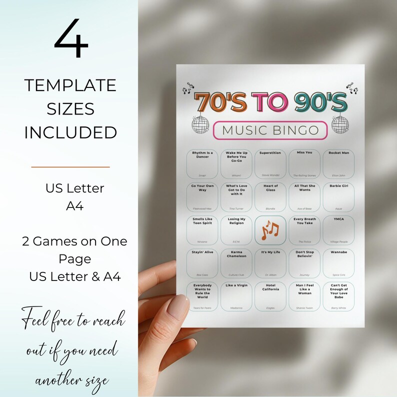 70s 80s 90s Music Bingo, Decades Bingo, Printable Game with 100 Cards, Spotify Playlist,  Family Reunion or Office Party