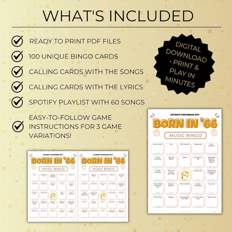 Born in 1966 Music Bingo, 60th Birthday Party Idea Game, Printable Retro Music Bingo, Spotify Playlist, Instant Download