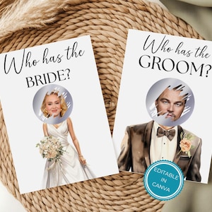 ¿Quién tiene el rasca y gana de los novios? Juego para despedida de soltera, divertido para la fiesta de soltera, juegos de boda, 144 tarjetas editables.
