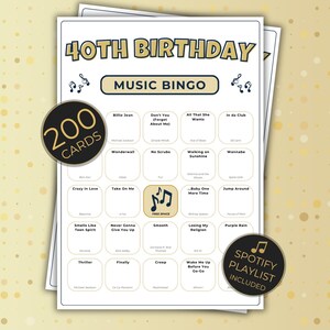 Bingo musicale per il 40° compleanno, 200 cartelle uniche con playlist di Spotify, gioco per feste stampabile