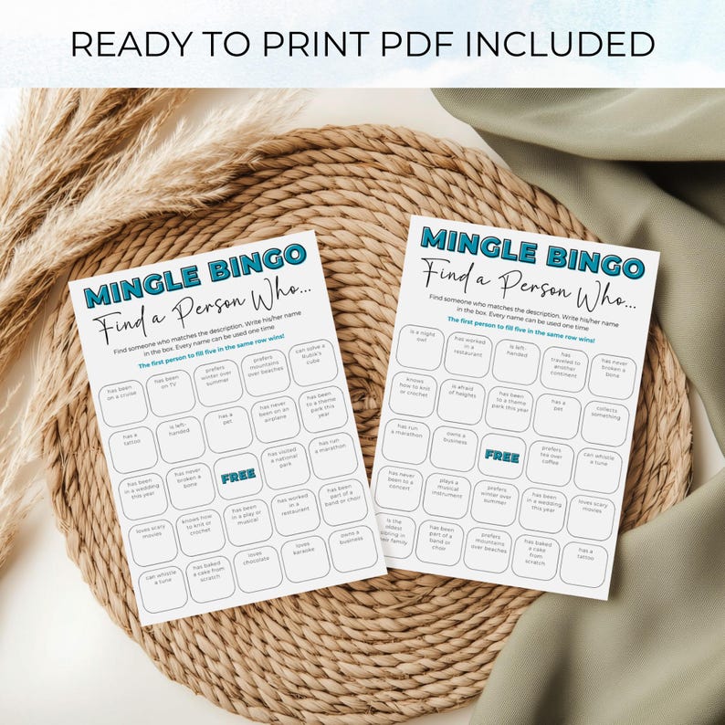 Printed Mingle Bingo cards ready to use at a party or event, printable icebreaker game