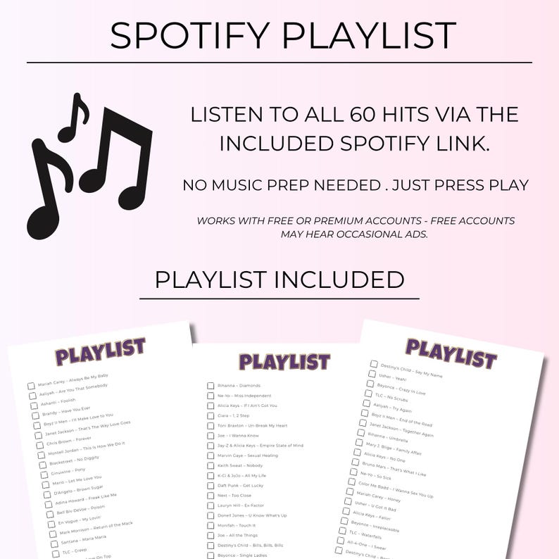 R&B Music Bingo, 100 Unique Cards with Spotify Playlist, Printable Party Game & Music Night Activity