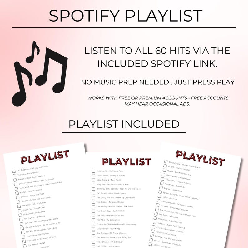 Rock and Roll Music Bingo, Printable Party Game, 100 Unique Cards, Instant Download, Fun Music Activity