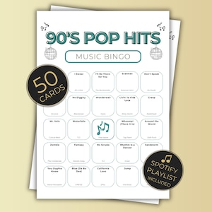 90s Music Bingo: 50 Printable Cards, Exciting Party Game with Spotify Playlist, Instant Digital Download