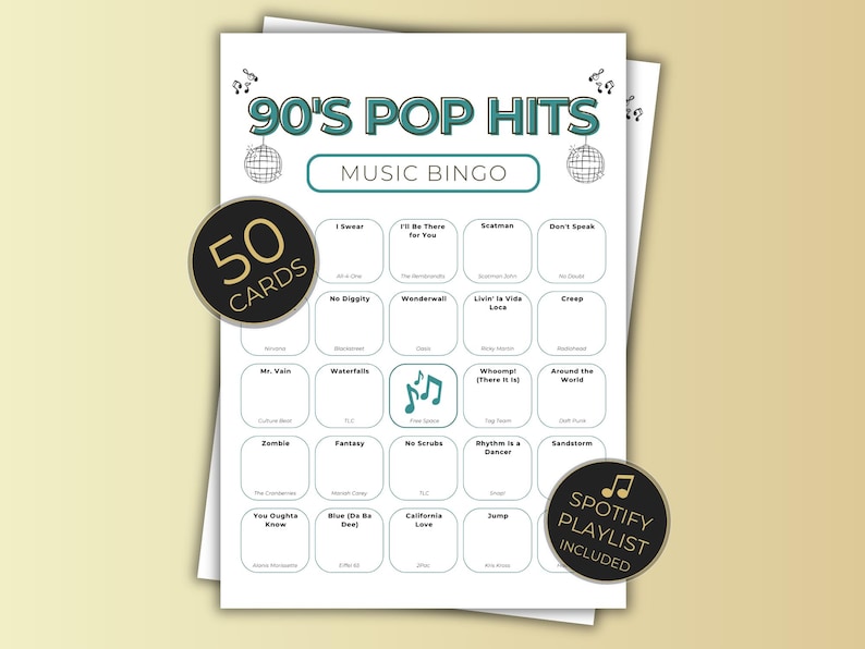 90s Music Bingo: 50 Printable Cards, Exciting Party Game with Spotify Playlist, Instant Digital Download