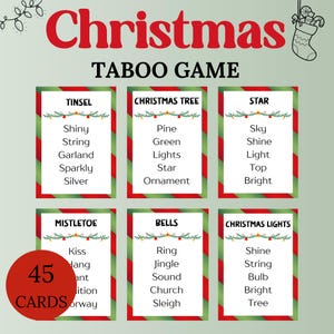 45 kersttaboekaartenspel, leuke familiekerstspelletjes, afdrukbare taboekaarten voor feestdagen, familiespelletjes kerst