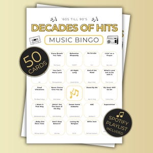 Decades of Hits Music Bingo Printable, 60s 70s 80s 90s Songs, 50 Cards Party Game PDF Instant Download