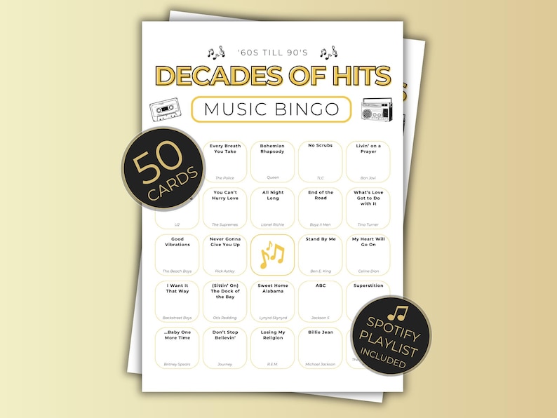 Decades of Hits Music Bingo Printable, 60s 70s 80s 90s Songs, 50 Cards Party Game PDF Instant Download