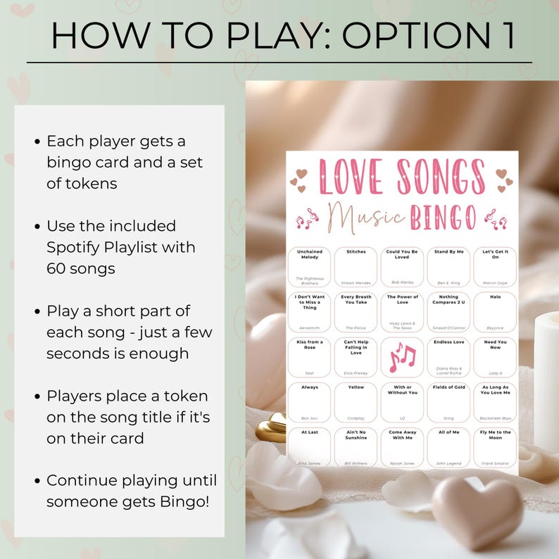 Love Songs Music Bingo, Fun Printable Game, Valentine's Day Celebration, 30 Cards, Music Party Activity