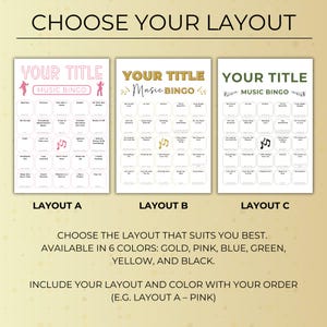 Choose your layout for custom music bingo showing three design options: layout A, B, and C, available in multiple colors.
