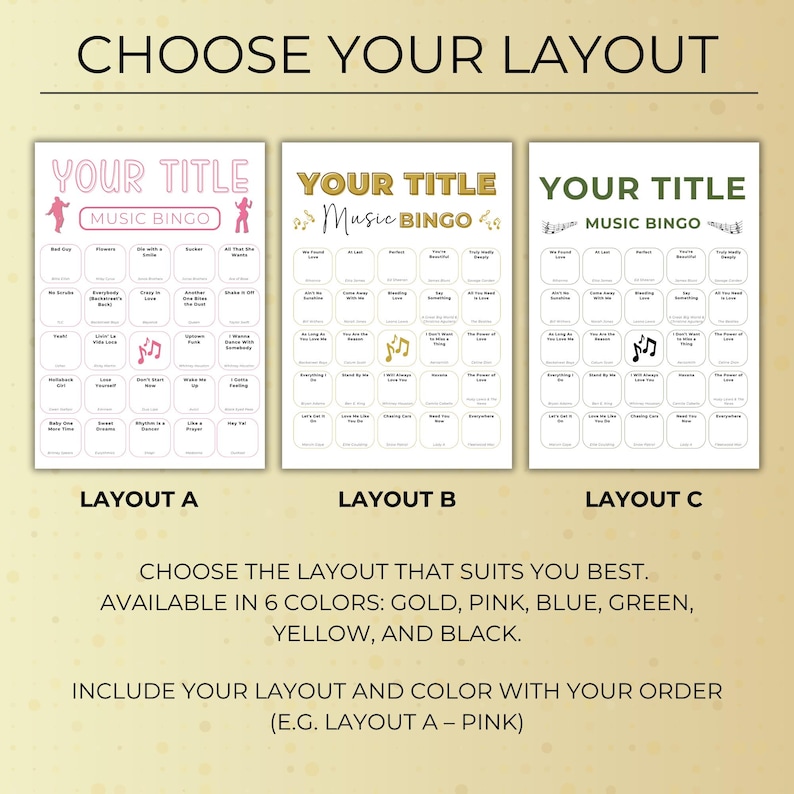 Choose your layout for custom music bingo showing three design options: layout A, B, and C, available in multiple colors.