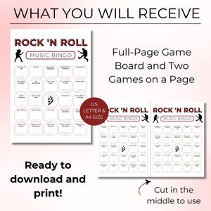 May include: A printable Rock 'N Roll Music Bingo game with a full-page game board and two games per page. The design includes the text "Rock 'N Roll Music Bingo" and the words "What You Will Receive" and "Ready to download and print!"