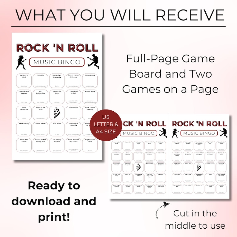 May include: A printable Rock 'N Roll Music Bingo game with a full-page game board and two games per page. The design includes the text "Rock 'N Roll Music Bingo" and the words "What You Will Receive" and "Ready to download and print!"