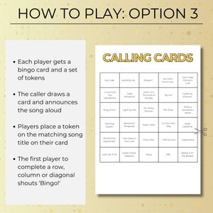 Music Bingo calling cards with song titles, Decades of Hits bingo game printable, fun music quiz and bingo combo