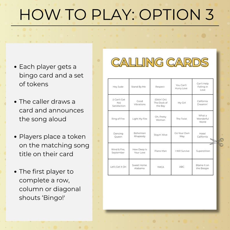 Music Bingo calling cards with song titles, Decades of Hits bingo game printable, fun music quiz and bingo combo