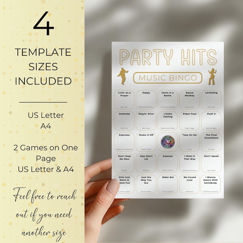 Party Hits Music Bingo printable shown in hand, includes US Letter and A4 sizes and two games per page option.