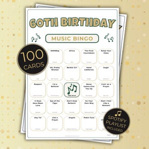 60th Birthday Music Bingo, 100 Printable Cards, Fun Party Game, Spotify Playlist, 1966 Celebration, Instant Download