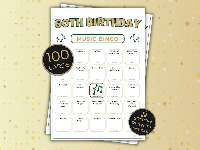 60th Birthday Music Bingo, 100 Printable Cards, Fun Party Game, Spotify Playlist, 1966 Celebration, Instant Download