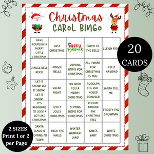 Afdrukbare kerstliedbingo, 20 muziekbingokaarten, leuk kerstliedspel voor vakantie, familie-, klas- en kantoorbingo
