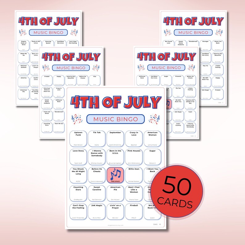 4th of July Music Bingo, Patriotic Party Game, 50 Printable Cards, Digital Download for Independence Day Fun