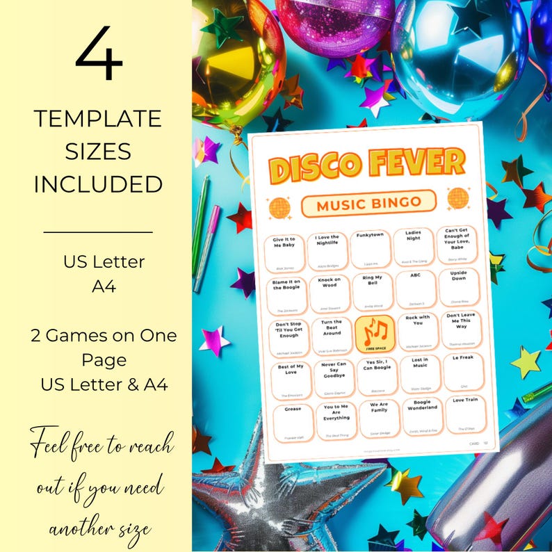 Disco Fever Music Bingo, 100 Cards Printable Retro Birthday Party Game, Family Game Night, Spotify Playlist
