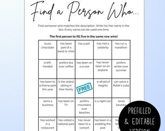 Editable Mix and Mingle Bingo - Printable Ice Breaker Game with Get to Know You Questions, Workplace Bingo, Coworker Bingo for Parties