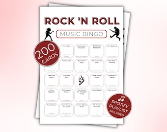 Bingo de música rock, 200 tarjetas imprimibles con lista de reproducción de Spotify, divertido juego de fiesta para reuniones y eventos familiares.