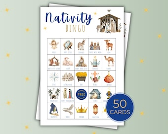 Nativity Bingo Printable, 50 Cards Christian Christmas Game, Religious Family Activity, Kids Holiday Game
