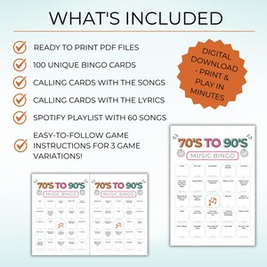 70s 80s 90s Music Bingo, Decades Bingo, Printable Game with 100 Cards, Spotify Playlist,  Family Reunion or Office Party