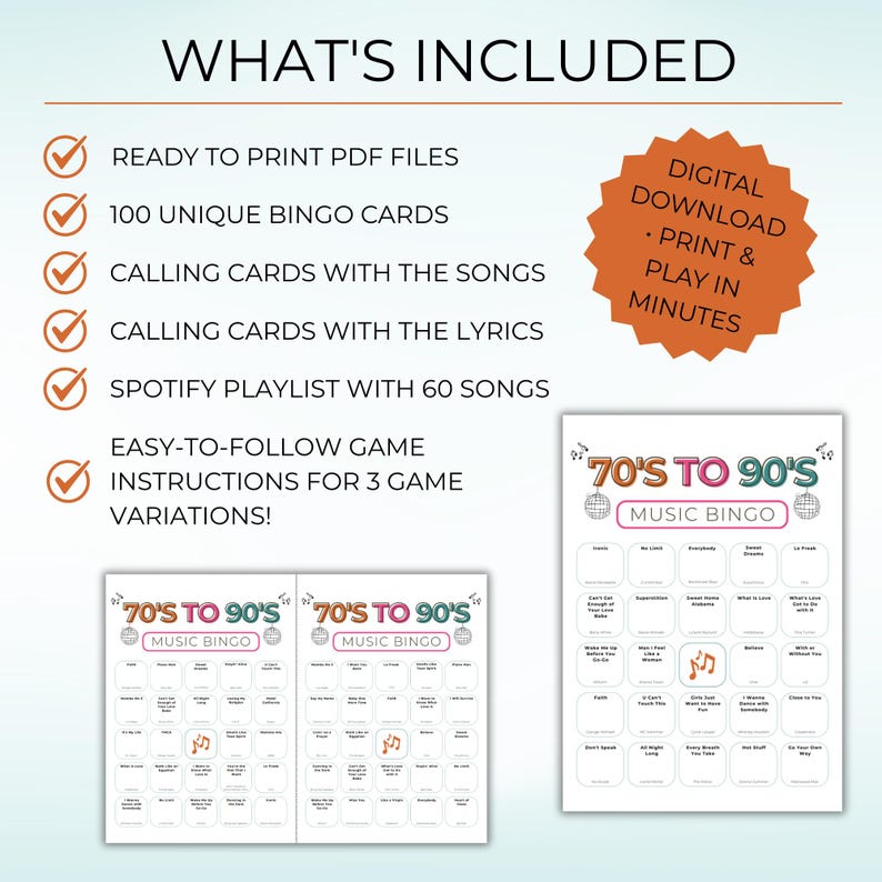 70s 80s 90s Music Bingo, Decades Bingo, Printable Game with 100 Cards, Spotify Playlist,  Family Reunion or Office Party