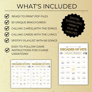 May include: A digital download music bingo game with a retro theme. The game includes 50 unique bingo cards, calling cards with songs and lyrics, and a Spotify playlist. The text on the game says "Decades of Hits Music Bingo".