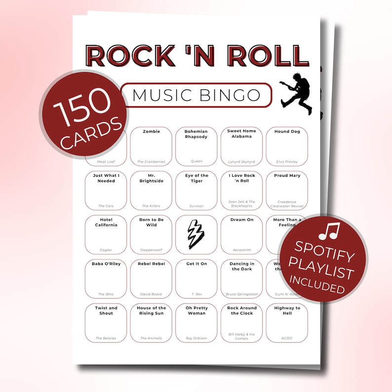 Rock Music Bingo, 150 Printable Cards with Spotify Playlist, Instant Download, Fun Party Game for Music Lovers and Family Gatherings