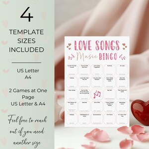 Love Songs Music Bingo, Fun Printable Game, Valentine's Day Celebration, 30 Cards, Music Party Activity