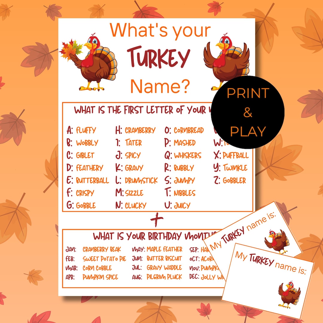 what's your turkey name game, printable thanksgiving fun