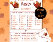 What's Your Turkey Name Game, Printable Thanksgiving Fun, Friendsgiving Activities, Instant Download, Family Game Night