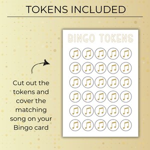 Party Hits Music Bingo printable bingo tokens sheet with music note icons, cut-out tokens for marking songs.