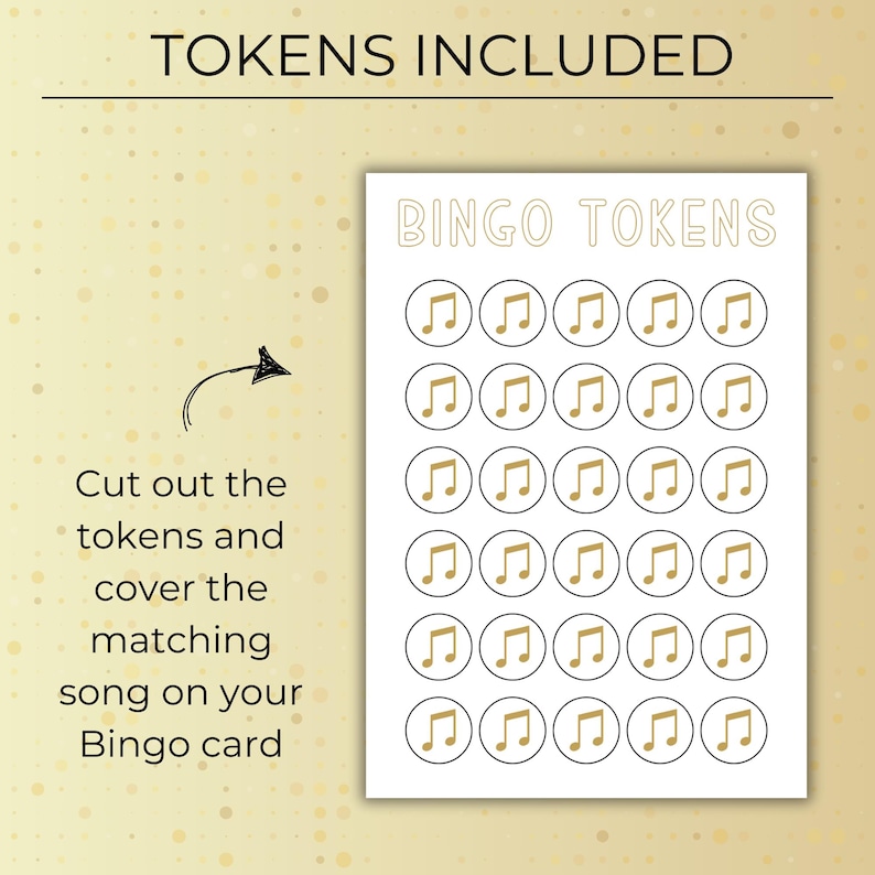 Party Hits Music Bingo printable bingo tokens sheet with music note icons, cut-out tokens for marking songs.
