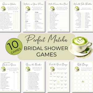 Puede incluir: Un conjunto de diez juegos para la despedida de soltera, cada uno con un diseño de café con leche de matcha. Los juegos incluyen "Over or Under", "What's in Your Purse" y "Guess the Number". El diseño central dice "Perfect Matcha Bridal Shower Games".