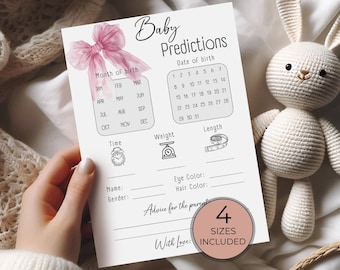 Pink Bow Baby Predictions and Advice Cards, Editable Printable Baby Shower Game, Wishes for Parents, Guess the Due Date and Weight BS01