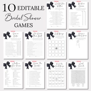 She&#39;s Tying the Knot Bridal Shower Bundle, Black Bow Games, Editable Invitation Template, Modern Minimalist Decor WS012